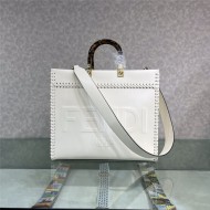 MEDIUM Fendi SUNSHINE Leather Shopper with Decorative Stitching White High