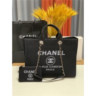 LARGE SHOPPING BAG Mixed Fibers & Silver-Tone Metal Black High