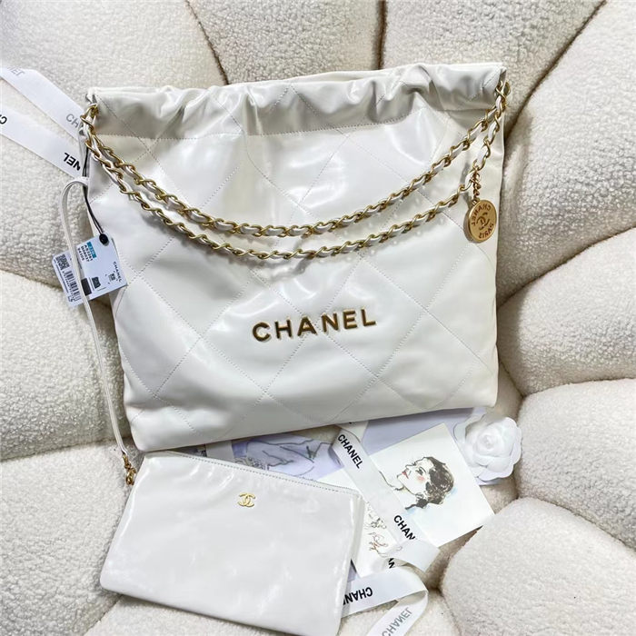 Chanel 22 MEDIUM HANDBAG Shiny Calfskin & Gold-Tone Metal AS3261 White High