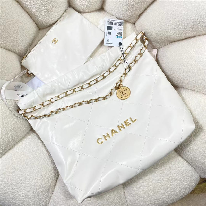 Chanel 22 SMALL HANDBAG Shiny Calfskin & Gold-Tone Metal AS3260 White High