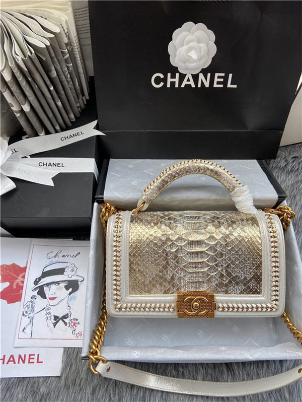 BOY Chanel FLAP BAG WITH HANDLE Python & Gold Metal High