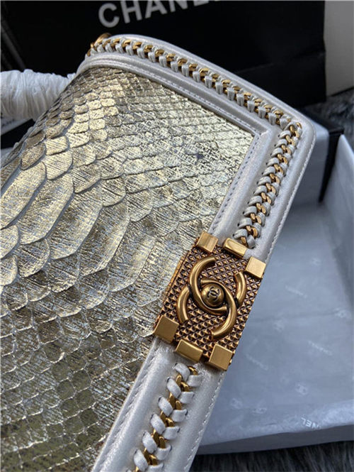 BOY Chanel FLAP BAG WITH HANDLE Python & Gold Metal High