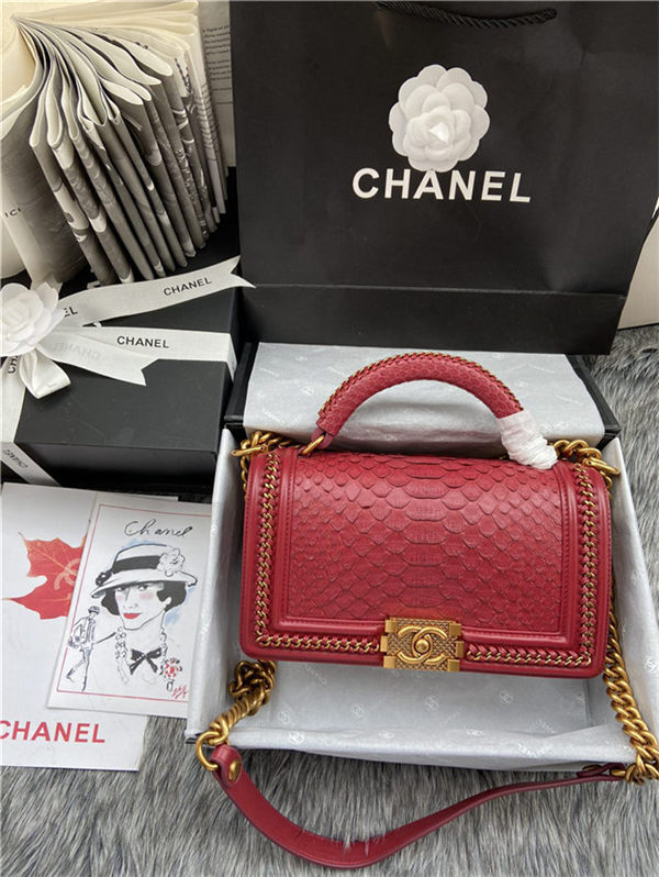 BOY Chanel FLAP BAG WITH HANDLE Python & Gold Metal High