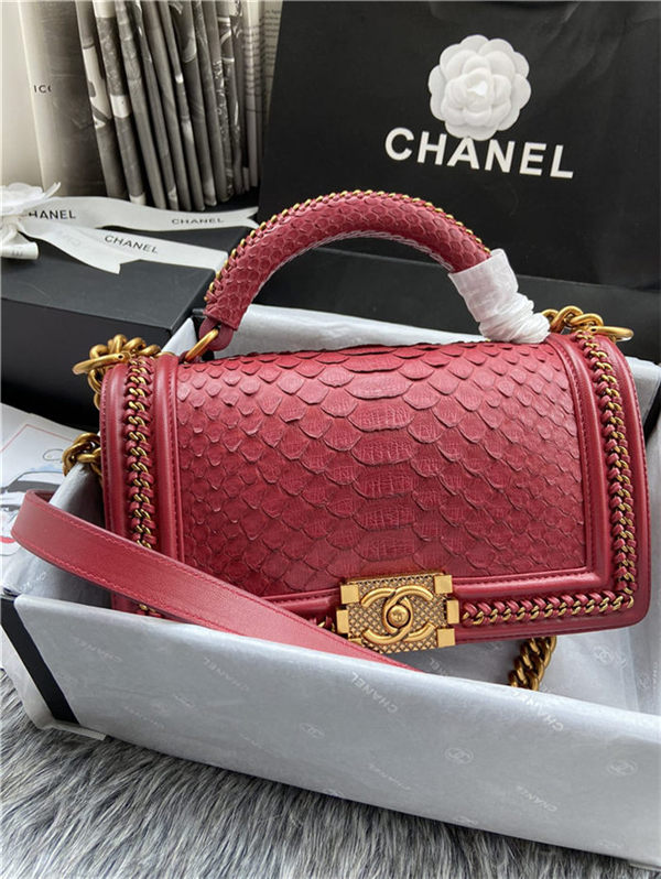 BOY Chanel FLAP BAG WITH HANDLE Python & Gold Metal High