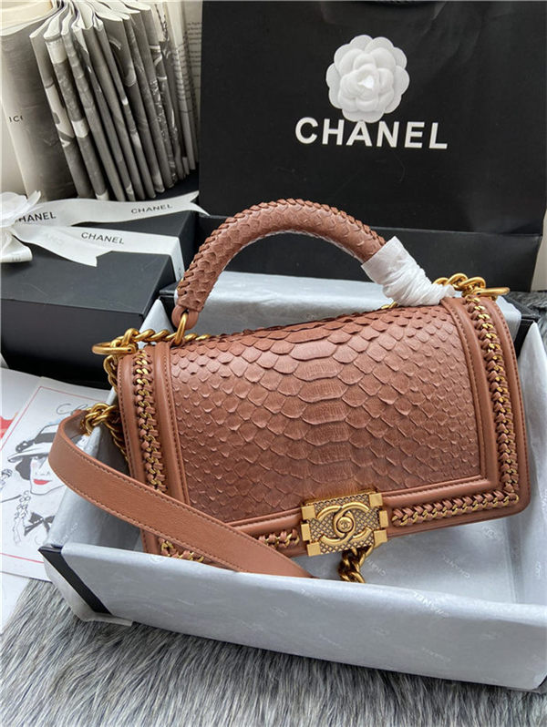 BOY Chanel FLAP BAG WITH HANDLE Python & Gold Metal High