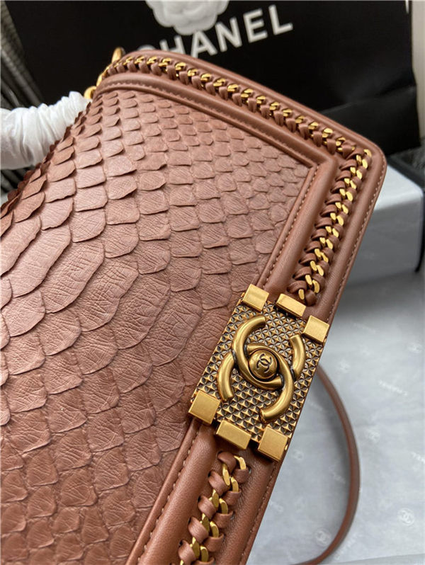 BOY Chanel FLAP BAG WITH HANDLE Python & Gold Metal High