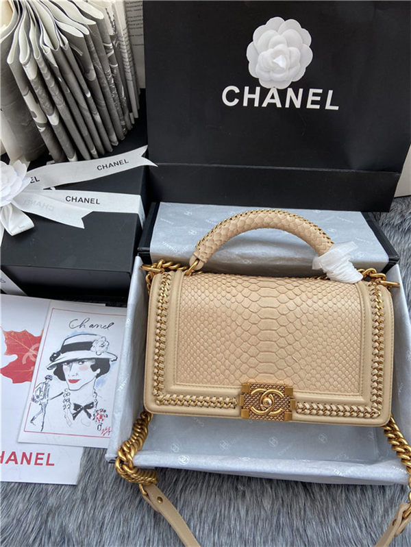 BOY Chanel FLAP BAG WITH HANDLE Python & Gold Metal High