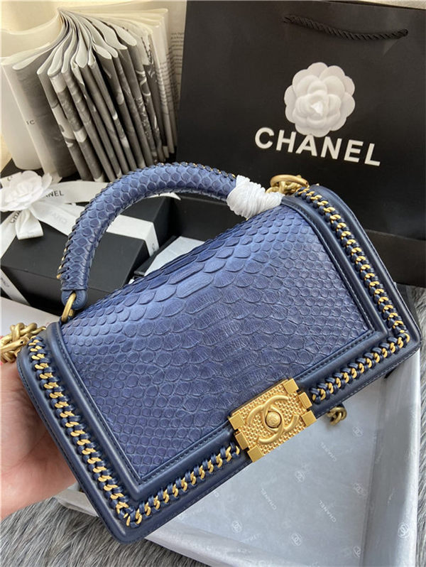 BOY Chanel FLAP BAG WITH HANDLE Python & Gold Metal High