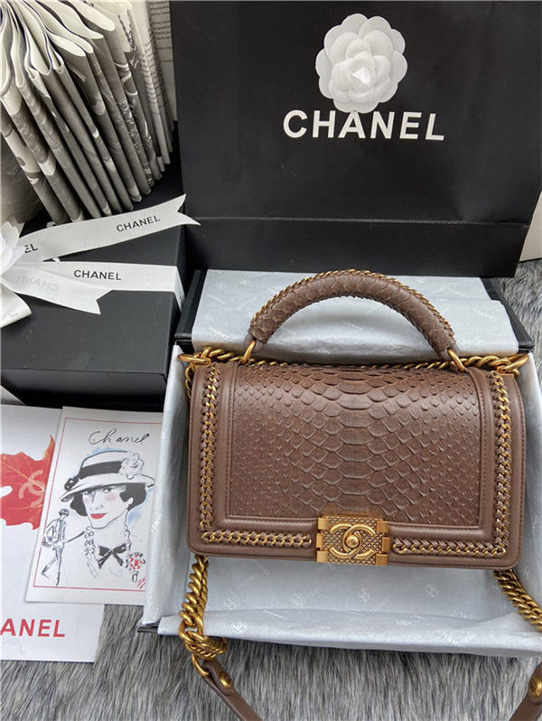 BOY Chanel FLAP BAG WITH HANDLE Python & Gold Metal High