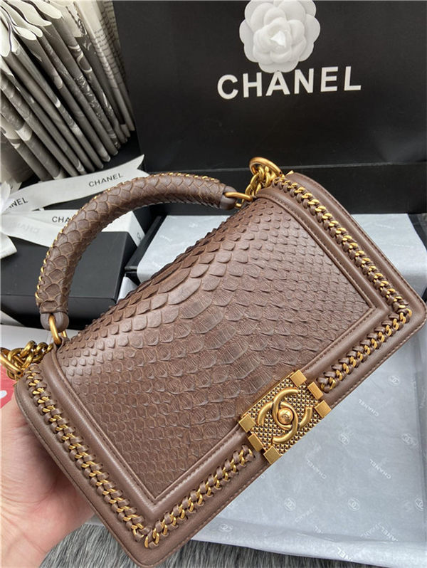 BOY Chanel FLAP BAG WITH HANDLE Python & Gold Metal High