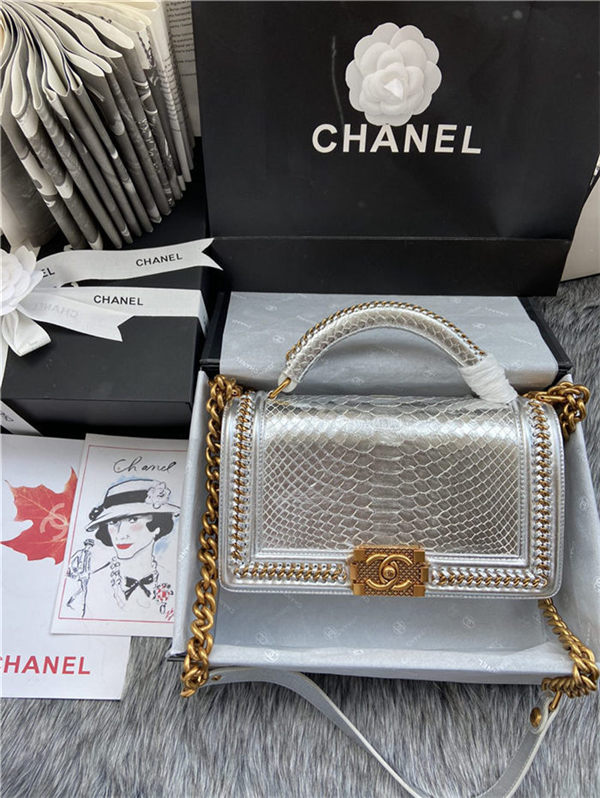 BOY Chanel FLAP BAG WITH HANDLE Python & Gold Metal High