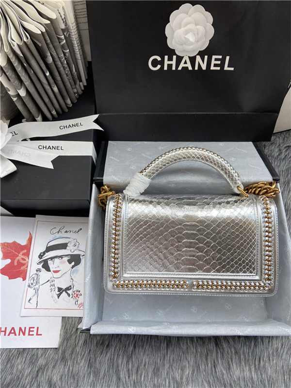 BOY Chanel FLAP BAG WITH HANDLE Python & Gold Metal High