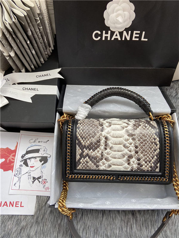 BOY Chanel FLAP BAG WITH HANDLE Python & Gold Metal High