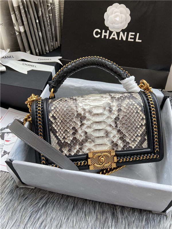 BOY Chanel FLAP BAG WITH HANDLE Python & Gold Metal High