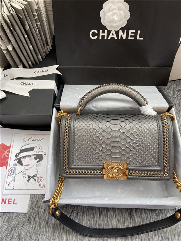 BOY Chanel FLAP BAG WITH HANDLE Python & Gold Metal High