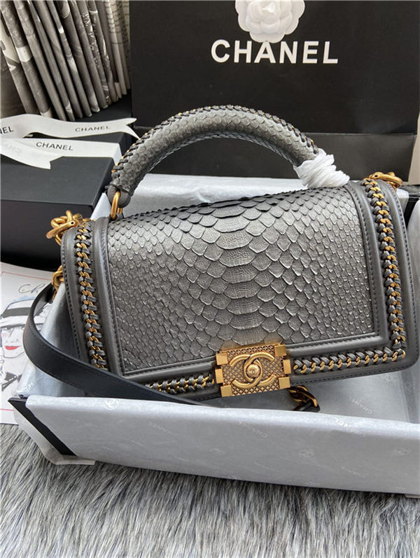 BOY Chanel FLAP BAG WITH HANDLE Python & Gold Metal High