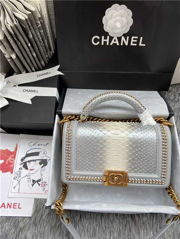 BOY Chanel FLAP BAG WITH HANDLE Python & Gold Metal High