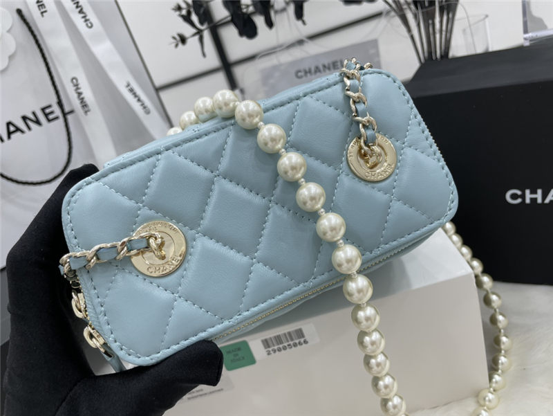 Chanel VANITY WITH CHAIN Lambskin Imitation Pearls & Gold-Tone Metal Blue High