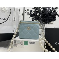 Chanel SMALL VANITY WITH CHAIN Lambskin Imitation Pearls & Gold-Tone Metal Blue High