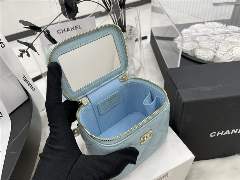 Chanel SMALL VANITY WITH CHAIN Lambskin Imitation Pearls & Gold-Tone Metal Blue High