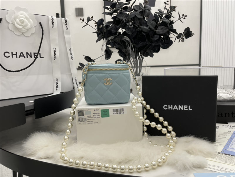 Chanel SMALL VANITY WITH CHAIN Lambskin Imitation Pearls & Gold-Tone Metal Blue High