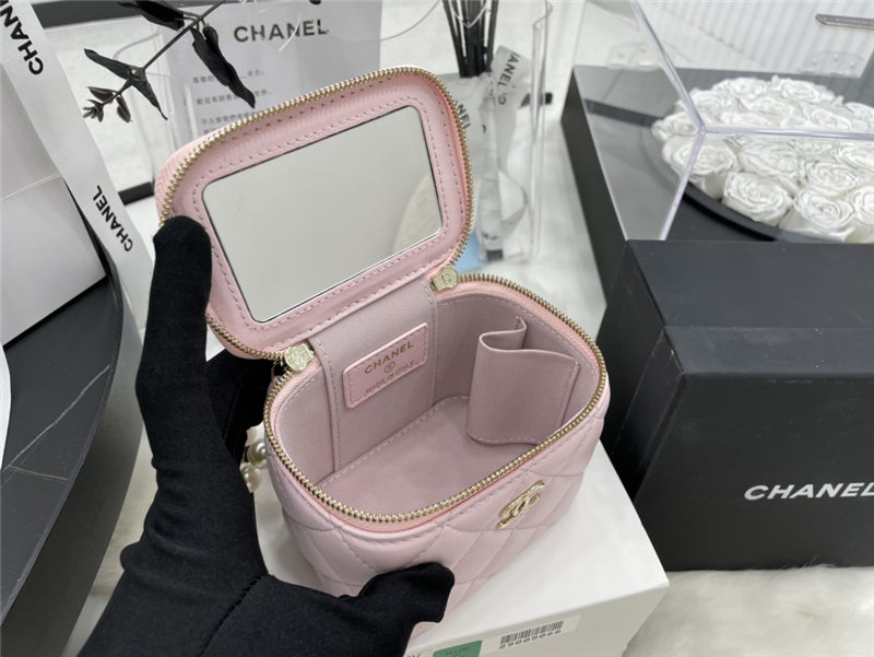 Chanel SMALL VANITY WITH CHAIN Lambskin Imitation Pearls & Gold-Tone Metal Pink High