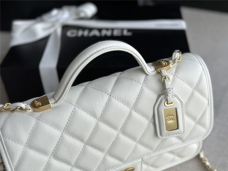 Chanel FLAP BAG WITH TOP HANDLE Grained Calfskin & Gold-Tone Metal AS3653 White A