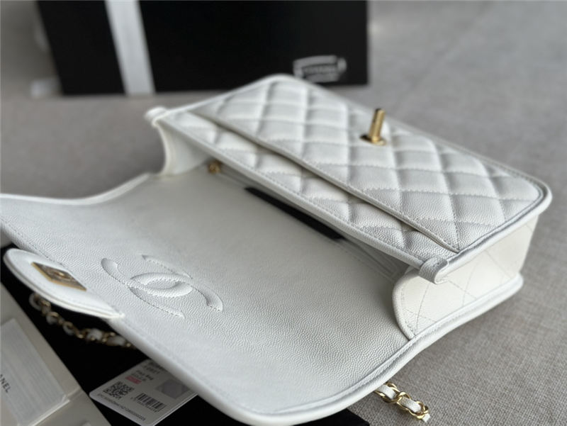 Chanel FLAP BAG WITH TOP HANDLE Grained Calfskin & Gold-Tone Metal AS3653 White A