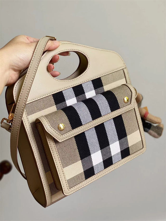 Mini Knitted Check and Leather Pocket Bag Beige High