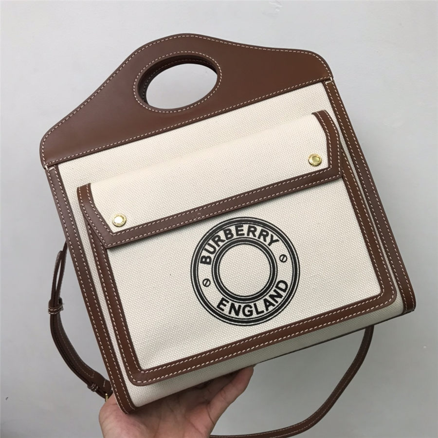 Small Logo Graphic Canvas and Leather Pocket Bag Tan High