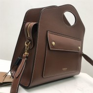 Small Topstitched Leather Pocket Tote Brown High