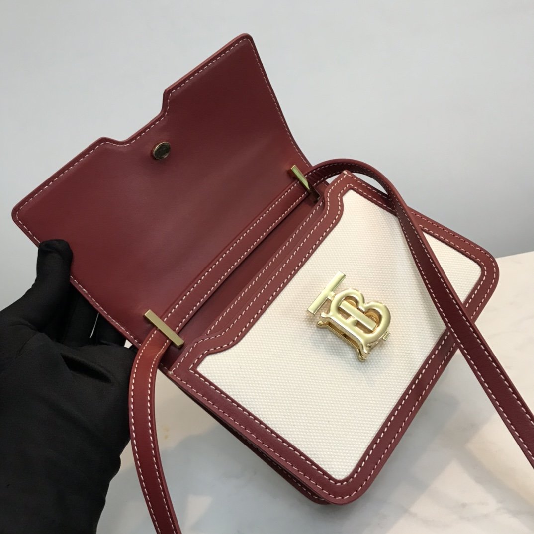 Mini Two-tone Canvas and Leather TB Bag Burgundy High