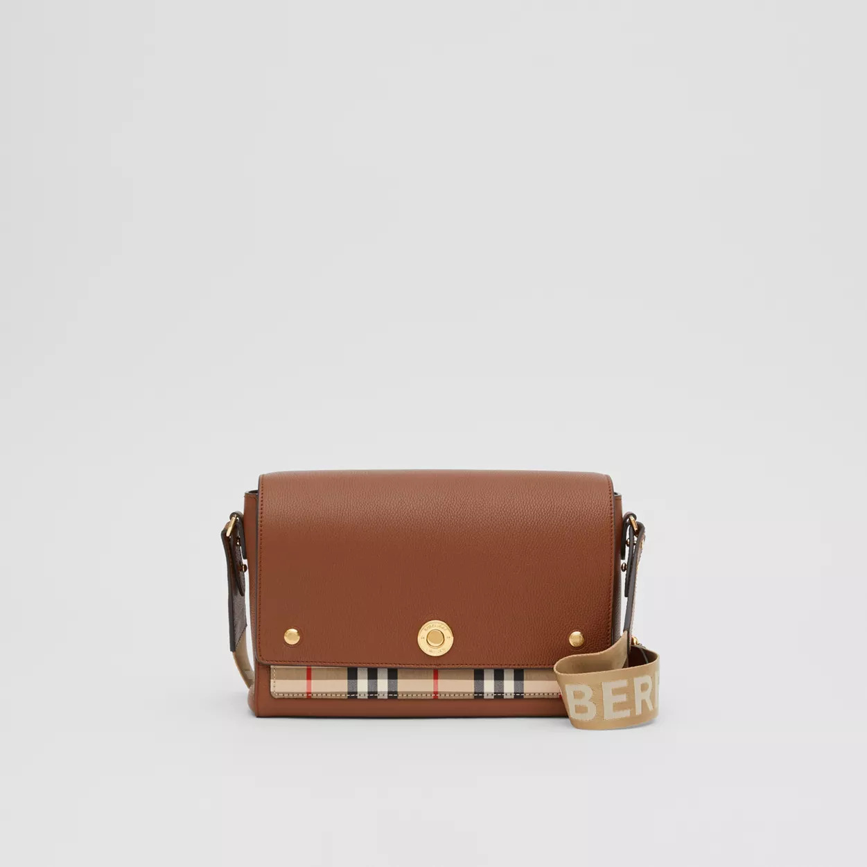 Leather and Vintage Check Note Crossbody Bag Tan High