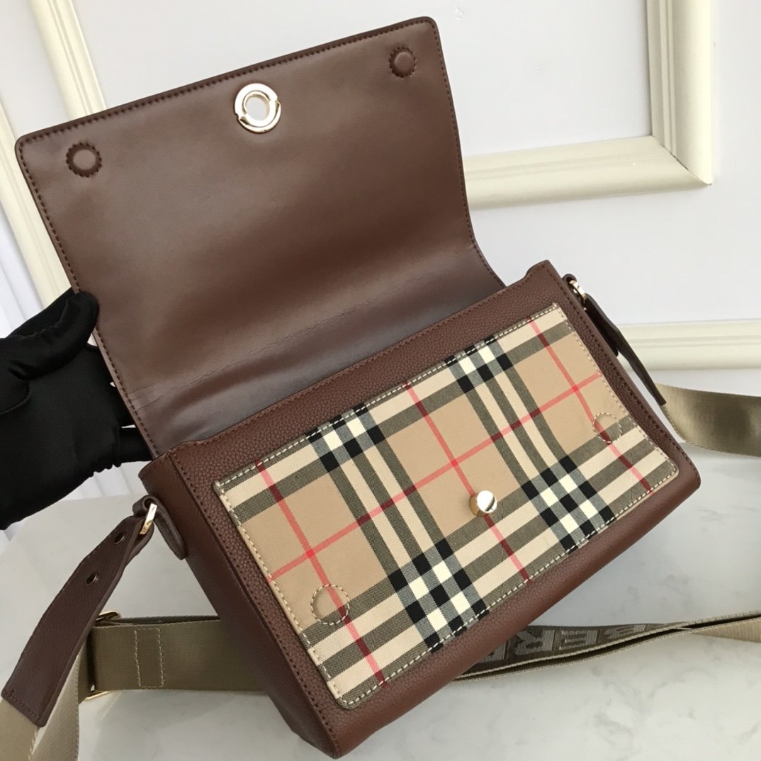 Leather and Vintage Check Note Crossbody Bag Tan High