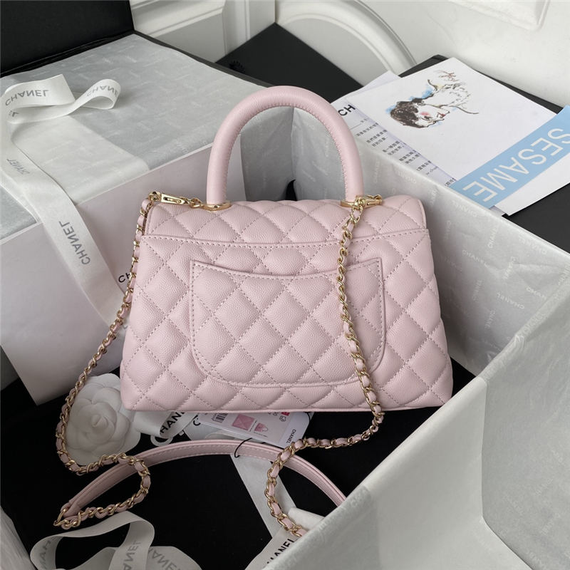 SMALL FLAP BAG WITH TOP HANDLE Grained Calfskin & Gold Metal Pink A