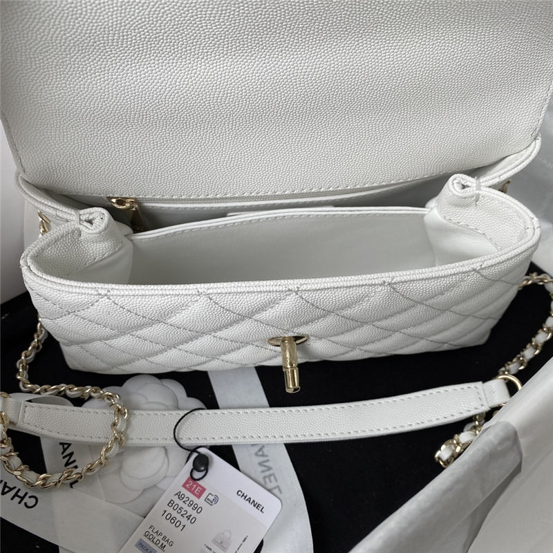 SMALL FLAP BAG WITH TOP HANDLE Grained Calfskin & Gold Metal White A