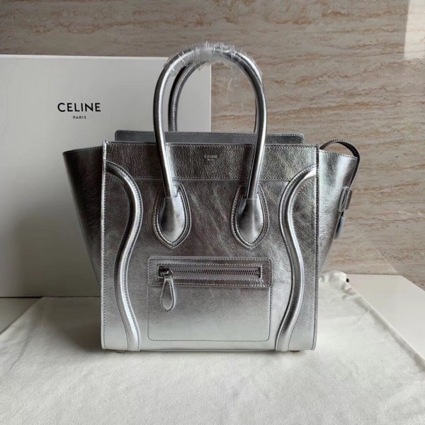 Celine Micro Luggage Bag In Silver Laminated Lambskin High