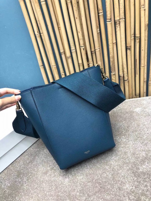 Celine Sangle Small Bucket Bag In Abyss Blue Grained Calfskin High