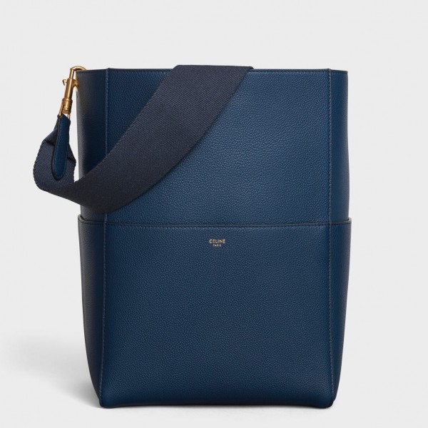 Celine Sangle Bucket Bag In Abyss Blue Grained Calfskin High