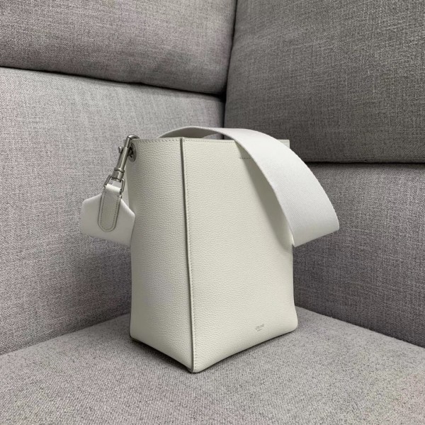 Celine Sangle Small Bucket Bag In White Grained Calfskin High