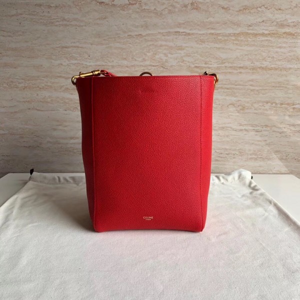 Celine Sangle Small Bucket Bag In Red Grained Calfskin High