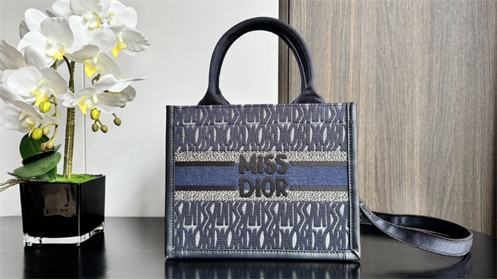 SMALL Dior BOOK TOTE Miss Dior Allover Embroidery Denim High