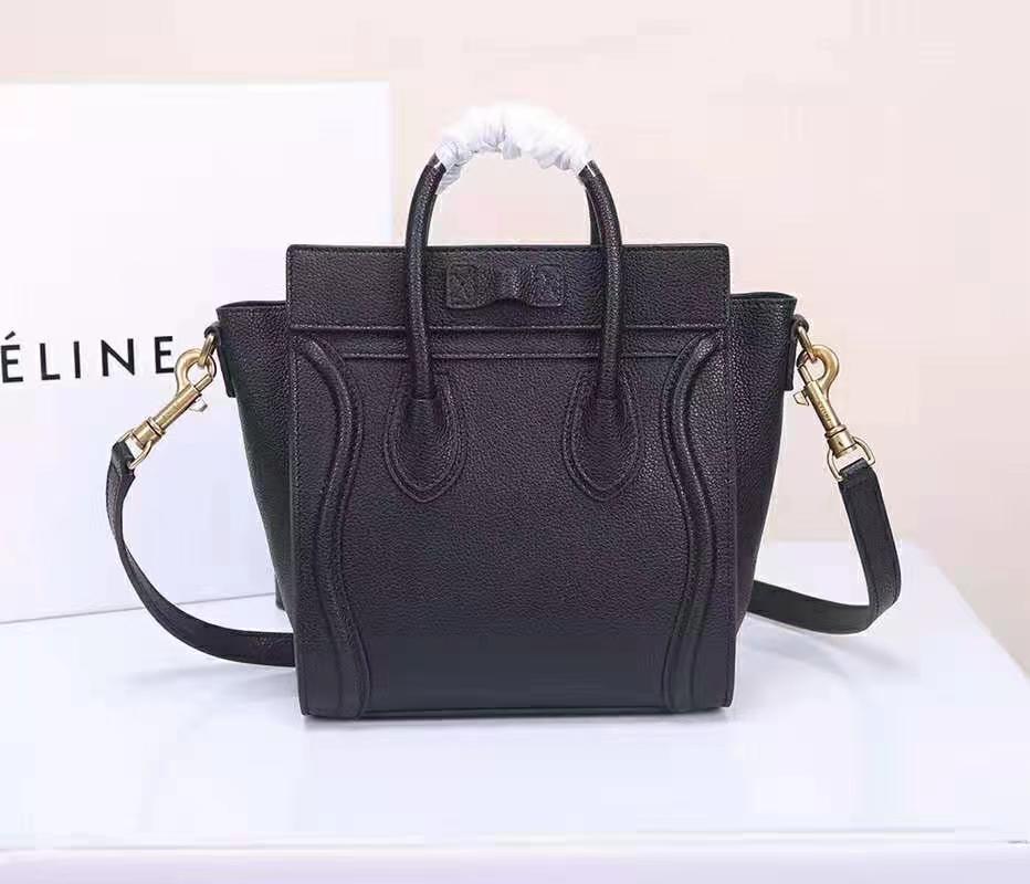 Celine Nano Luggage Bag In Black Drummed Calfskin Gold High