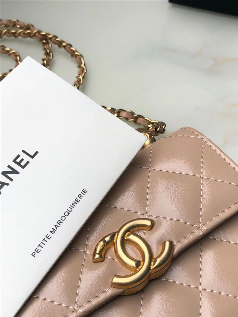 Chanel FLAP COIN PURSE WITH CHAIN Calfskin & Gold-Tone Metal AP2290 Beige A