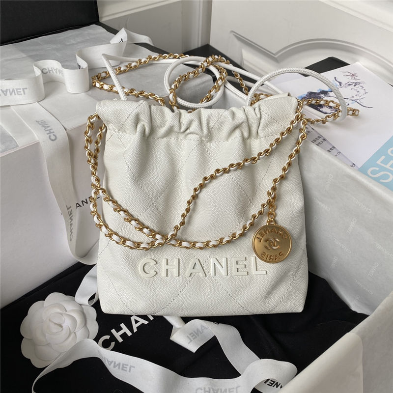 Chanel 22 MINI HANDBAG Shiny Grained Calfskin White & Gold-Tone Lacquered Metal AS3980 High