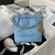 Chanel 22 MINI HANDBAG Shiny Grained Calfskin Blue & Gold-Tone Lacquered Metal AS3980 High