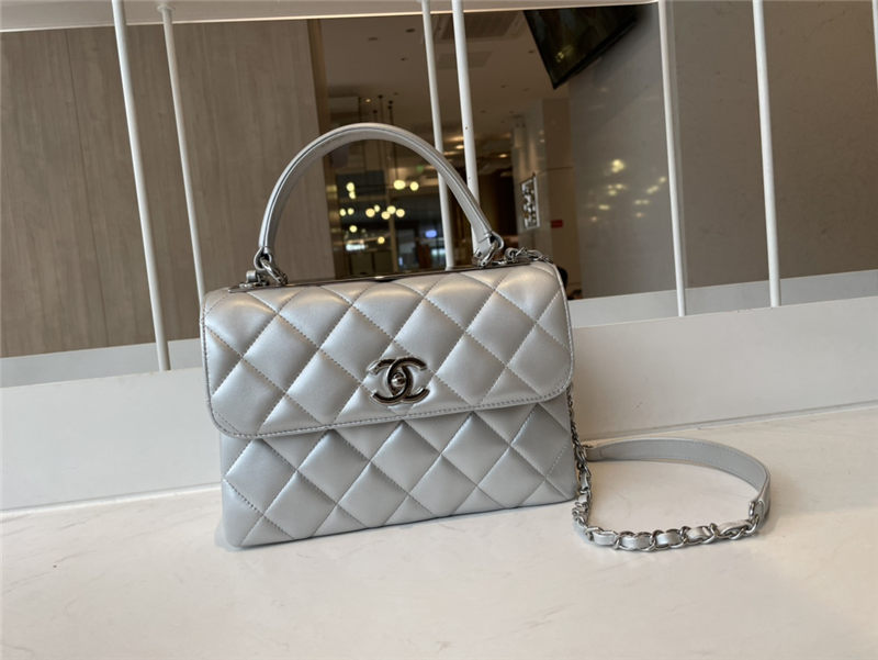 FLAP BAG WITH TOP HANDLE Metallic Lambskin & Silver-Tone Metal Silver High