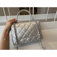 FLAP BAG WITH TOP HANDLE Metallic Lambskin & Silver-Tone Metal Silver High