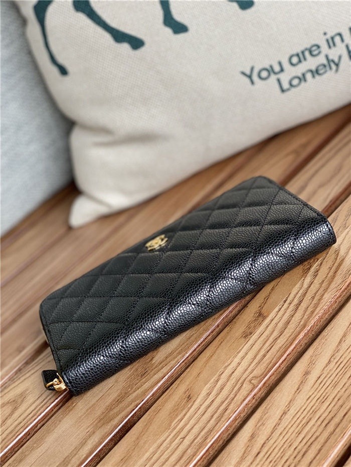 CLASSIC LONG ZIPPED WALLET Grained Calfskin Black & Gold-Tone Metal AP0242 High