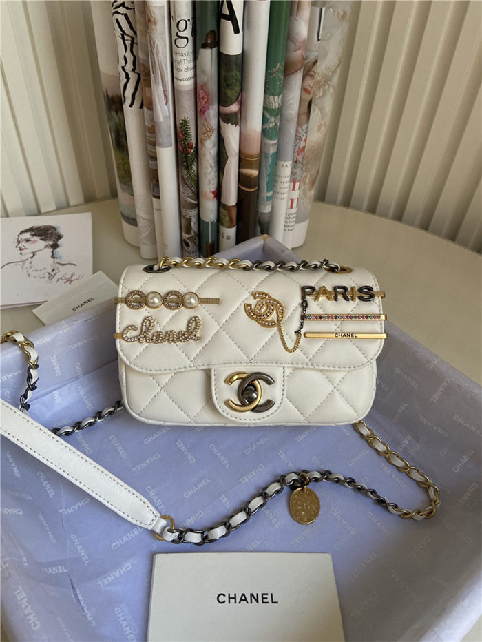 MINI FLAP BAG Lambskin Glass Pearls Imitation Pearls Strass Gold Silver & Ruthenium Finish Metal White High